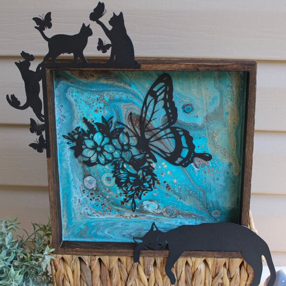 Designs by Imogen Other - Decorative Wall Art with Cats and Butterfly Acrylic Paint Pour Decorative 10.5"